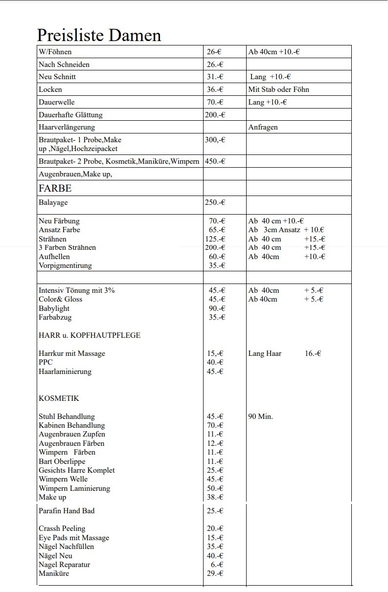 damen friseur preisliste